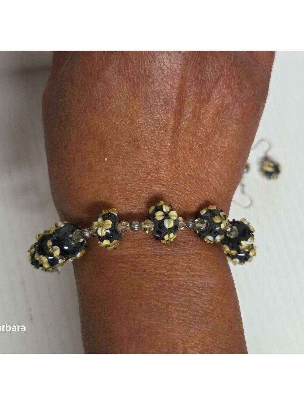 Czech Black Glass Millefiori Floral Bead Bracelet and Hook Pierced Earrings Set